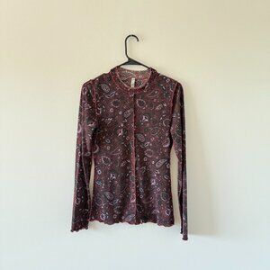 Free People Intimates Burgundy Paisley Mock Neck Long Sleeve Layering Top